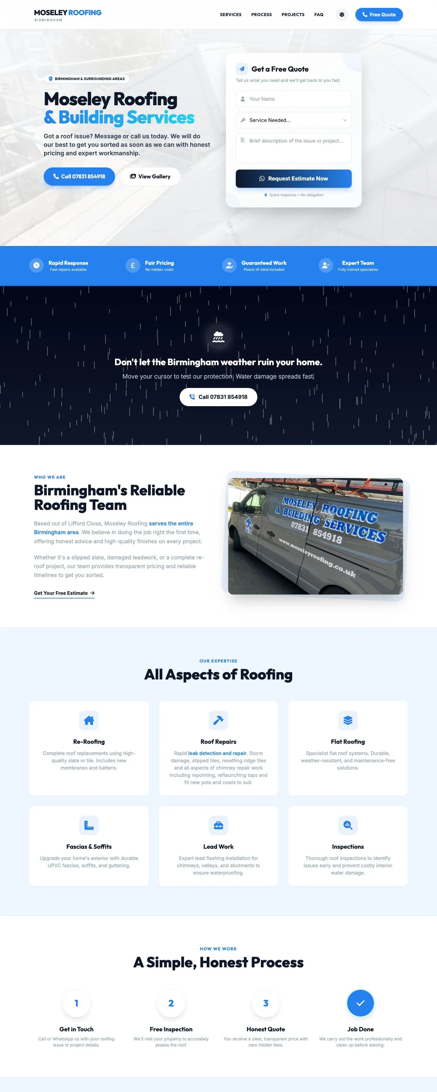 Moseley Roofing website homepage