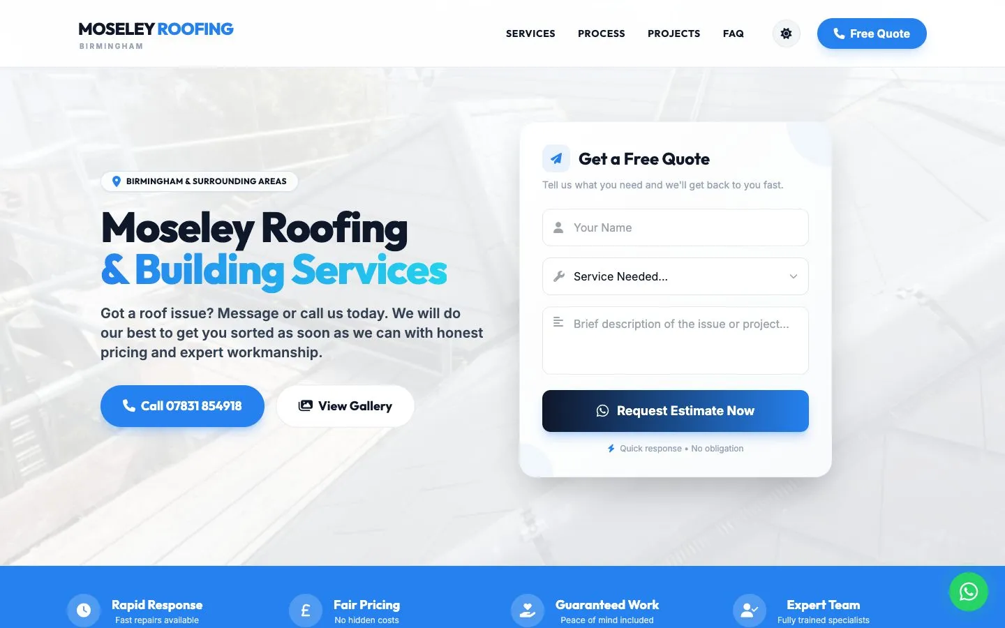 Moseley Roofing website homepage